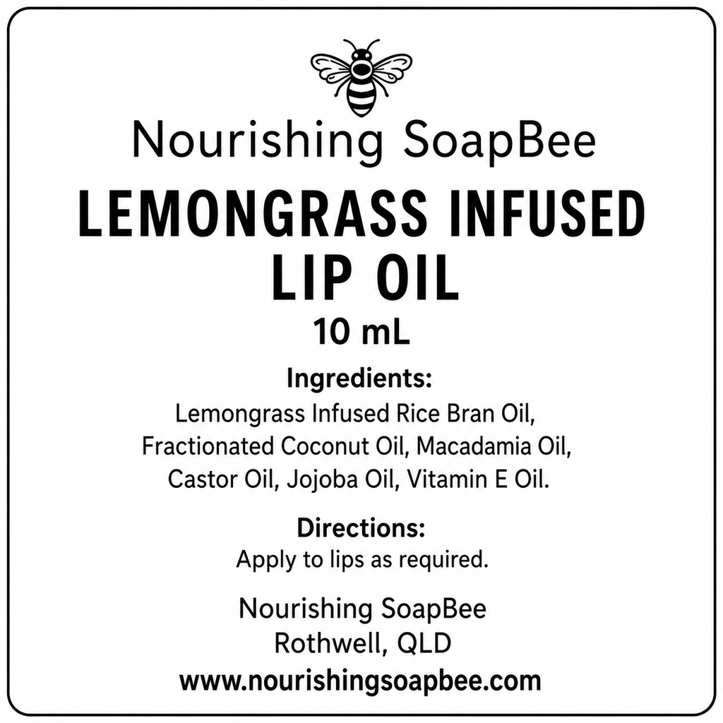 Nourishing SoapBee Lemongrass Infused Lip Oil ingredients label